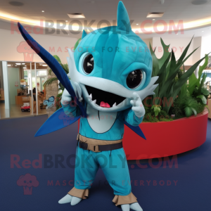 Turquoise Swordfish mascot costume character dressed with a Jeggings and Hair clips