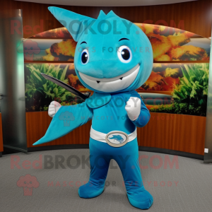 Turquoise Swordfish mascot costume character dressed with a Jeggings and Hair clips