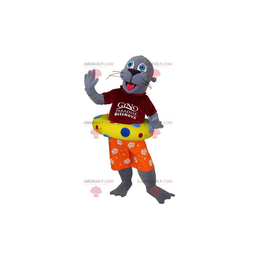 Gray otter sea lion mascot dressed as a vacationer -
