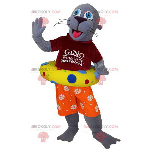 Mascotte d'otarie de loutre grise en tenue de vacancier -