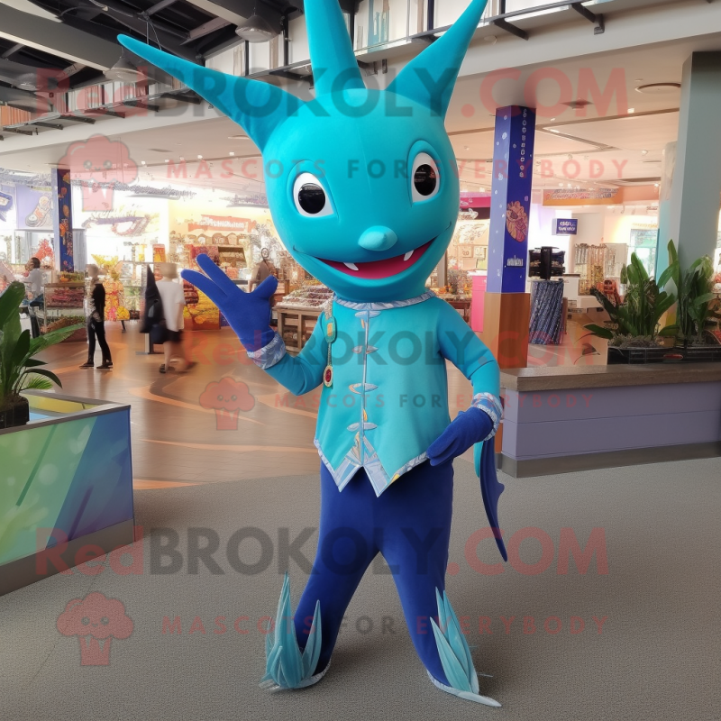Turquoise Swordfish mascot costume character dressed with a Jeggings and Hair clips Turquoise Swordfish mascot costume character dressed with a Jeggings and Hair clips
