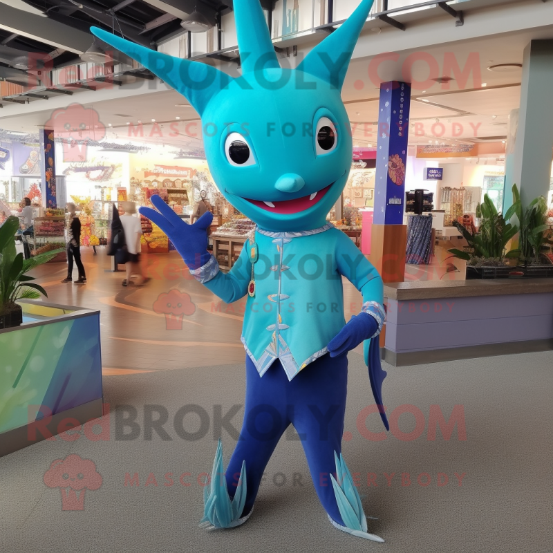 Turquoise Swordfish mascot costume character dressed with a Jeggings and Hair clips