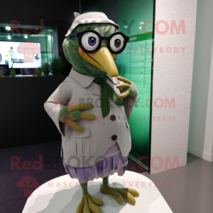 Olive Pigeon mascot costume character dressed with a Wrap Dress and Eyeglasses