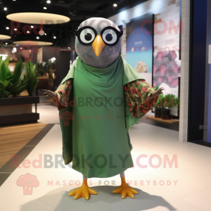 Olive Pigeon mascot costume character dressed with a Wrap Dress and Eyeglasses