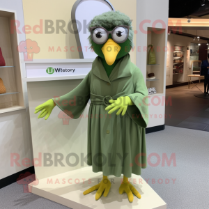 Olive Pigeon mascot costume character dressed with a Wrap Dress and Eyeglasses