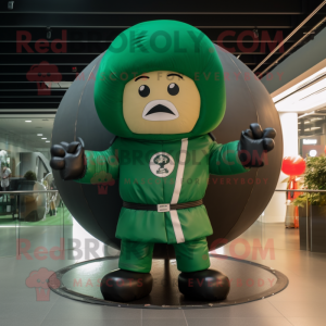 Forest Green Human Cannon Ball mascot costume character dressed with a Bomber Jacket and Rings