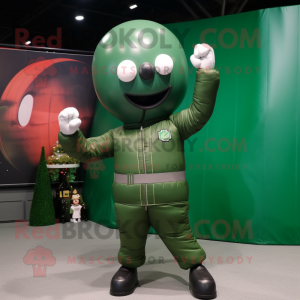 Forest Green Human Cannon Ball mascot costume character dressed with a Bomber Jacket and Rings
