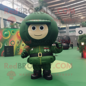 Forest Green Human Cannon Ball mascot costume character dressed with a Bomber Jacket and Rings