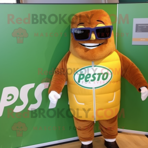 Rust Pesto Pasta mascot costume character dressed with a Windbreaker and Eyeglasses