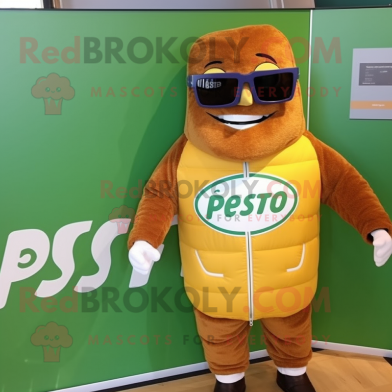 Rust Pesto Pasta mascot costume character dressed with a Windbreaker and Eyeglasses Rust Pesto Pasta mascot costume character dressed with a Windbreaker and Eyeglasses