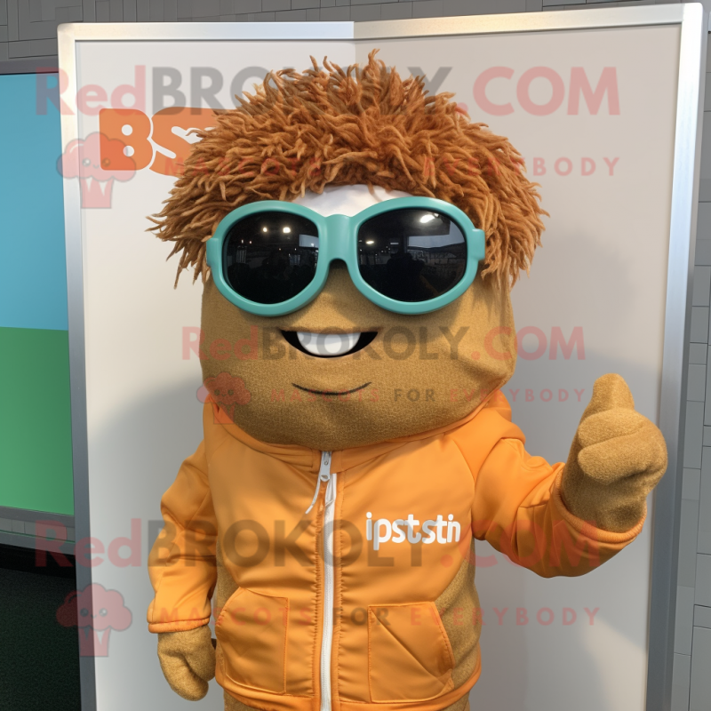 Rust Pesto Pasta mascot costume character dressed with a Windbreaker and Eyeglasses
