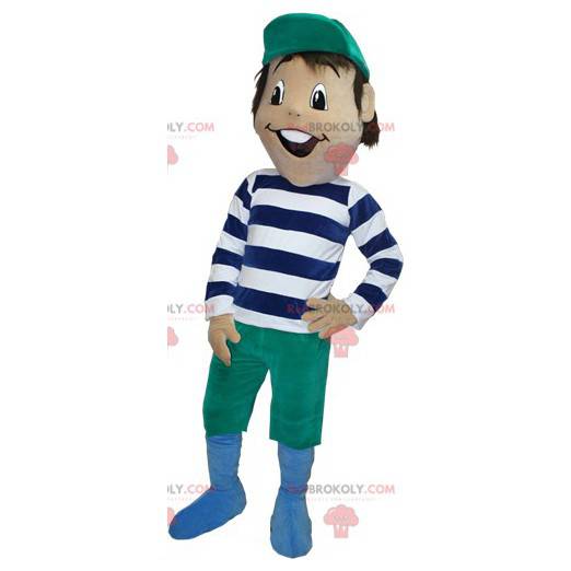 Brown Boy Maskottchen mit einem gestreiften Outfit -