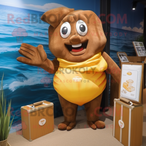 Brown Fish And Chips mascot costume character dressed with a One-Piece Swimsuit and Briefcases