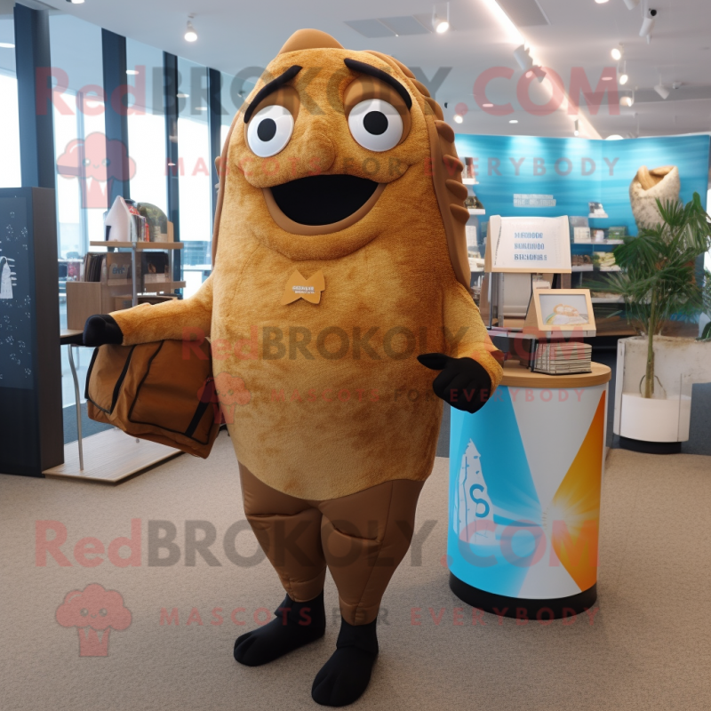 Brown Fish And Chips mascot costume character dressed with a One-Piece Swimsuit and Briefcases Brown Fish And Chips mascot costume character dressed with a One-Piece Swimsuit and Briefcases