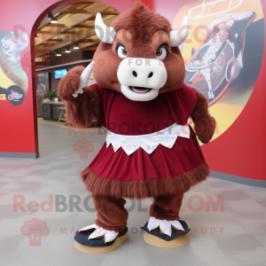 Maroon Buffalo mascot costume character dressed with a Mini Skirt and Foot pads
