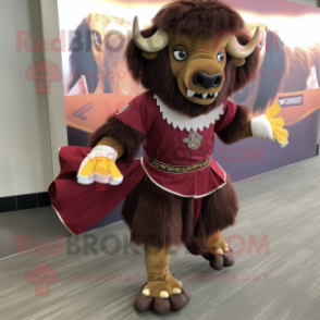 Maroon Buffalo mascot costume character dressed with a Mini Skirt and Foot pads