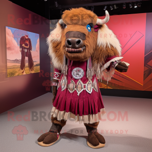 Maroon Buffalo mascot costume character dressed with a Mini Skirt and Foot pads