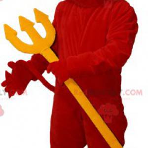 Mascota del diablo rojo con una horquilla amarilla -