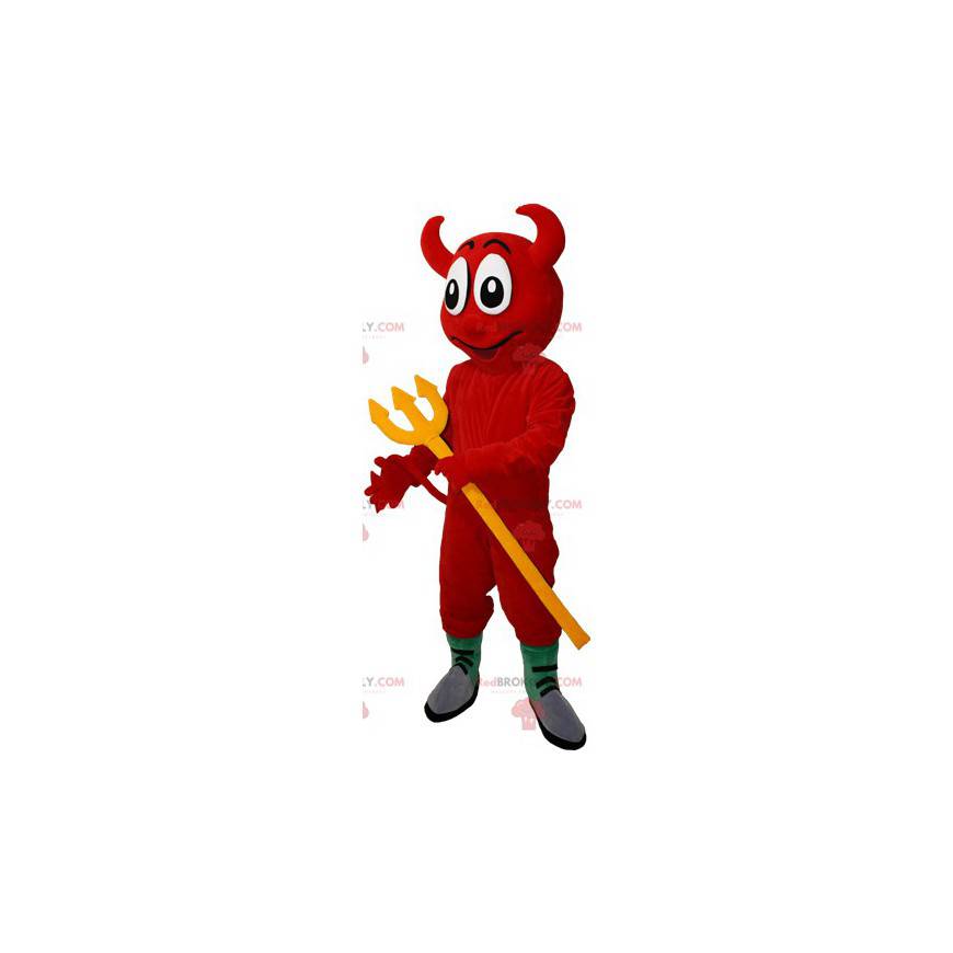 Mascote do diabo vermelho com um forcado amarelo -
