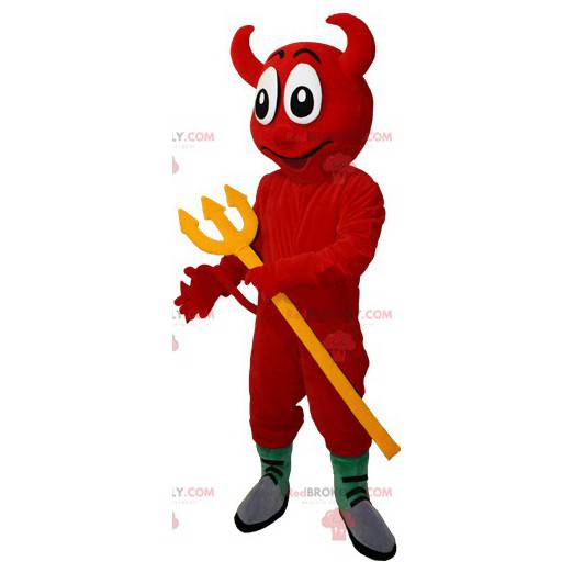 Mascote do diabo vermelho com um forcado amarelo -