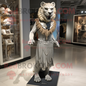 Silver Smilodon mascot costume character dressed with a Sheath Dress and Brooches