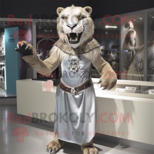 Silver Smilodon mascot costume character dressed with a Sheath Dress and Brooches