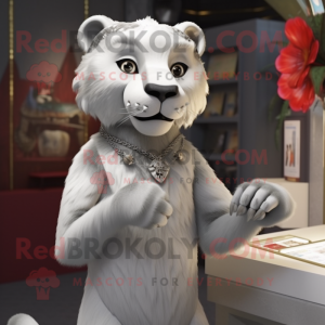 Silver Smilodon mascot costume character dressed with a Sheath Dress and Brooches