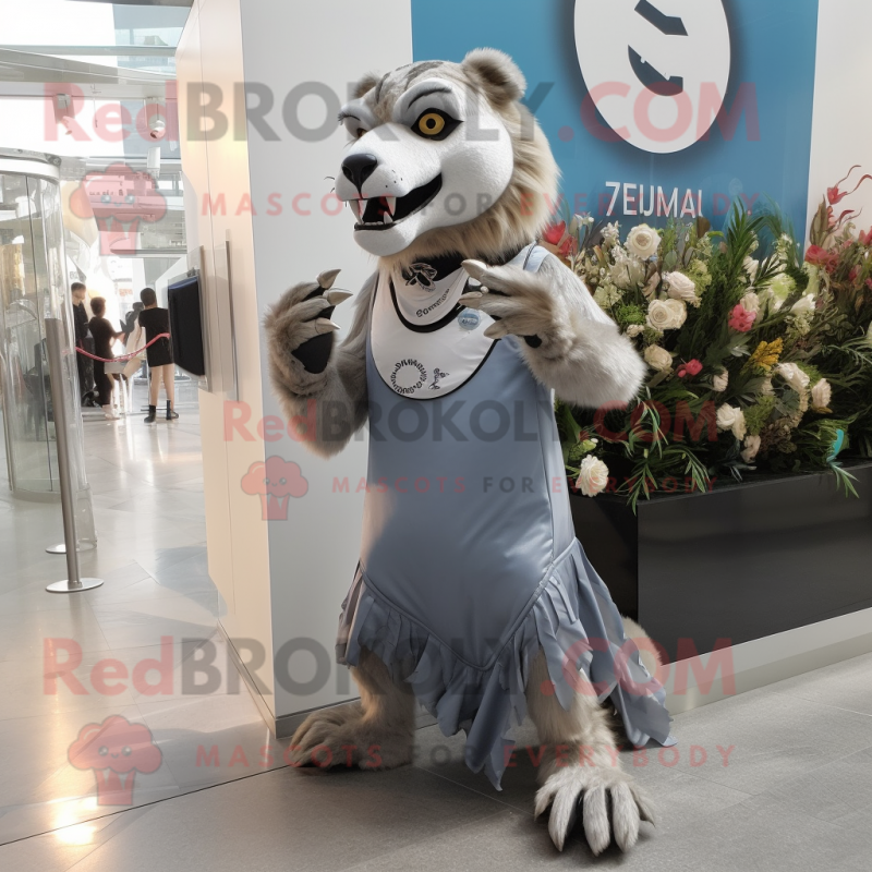 Silver Smilodon mascot costume character dressed with a Sheath Dress and Brooches