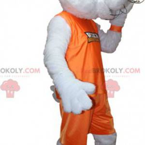 Biały królik maskotka ubrany w pomarańczowy strój sportowy -