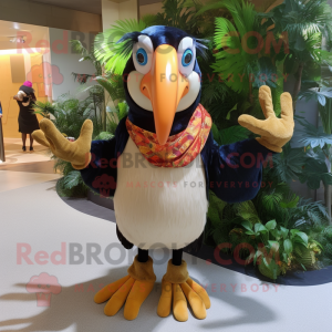 Tan Toucan mascot costume character dressed with a Mini Dress and Gloves