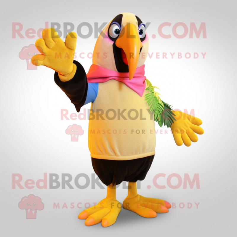 Tan Toucan mascot costume character dressed with a Mini Dress and Gloves