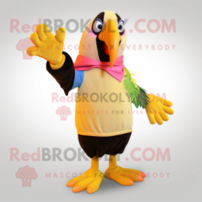 Tan Toucan mascot costume character dressed with a Mini Dress and Gloves