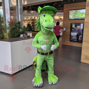 Lime Green Mare mascot costume character dressed with a Overalls and Necklaces
