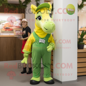 Lime Green Mare mascot costume character dressed with a Overalls and Necklaces