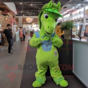 Lime Green Mare mascot costume character dressed with a Overalls and Necklaces