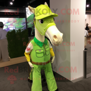 Lime Green Mare mascot costume character dressed with a Overalls and Necklaces