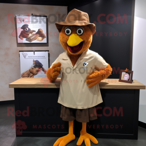 Brown Butter Chicken mascot costume character dressed with a V-Neck Tee and Hat pins