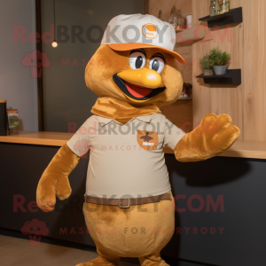 Brown Butter Chicken mascot costume character dressed with a V-Neck Tee and Hat pins