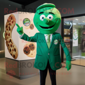 Green Pizza mascot costume character dressed with a Suit Jacket and Cufflinks