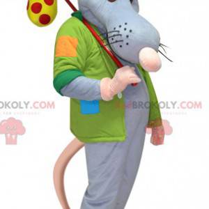 Giant blue and pink rat mascot with a jacket and a backpack -