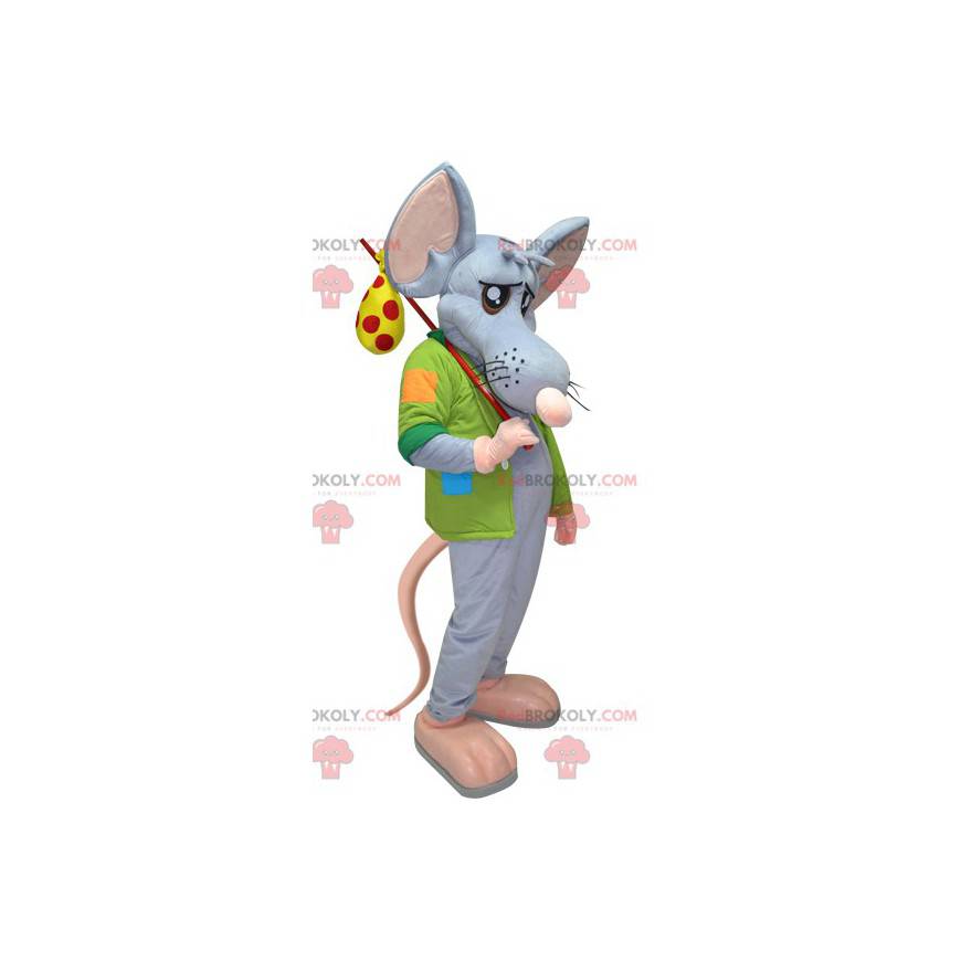 Giant blue and pink rat mascot with a jacket and a backpack -