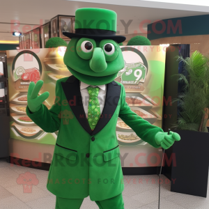 Green Pizza mascot costume character dressed with a Suit Jacket and Cufflinks