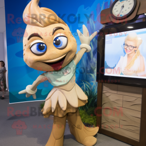 Tan Mermaid mascot costume character dressed with a Dress Shirt and Watches
