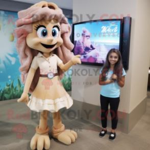 Tan Mermaid mascot costume character dressed with a Dress Shirt and Watches