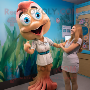 Tan Mermaid mascot costume character dressed with a Dress Shirt and Watches