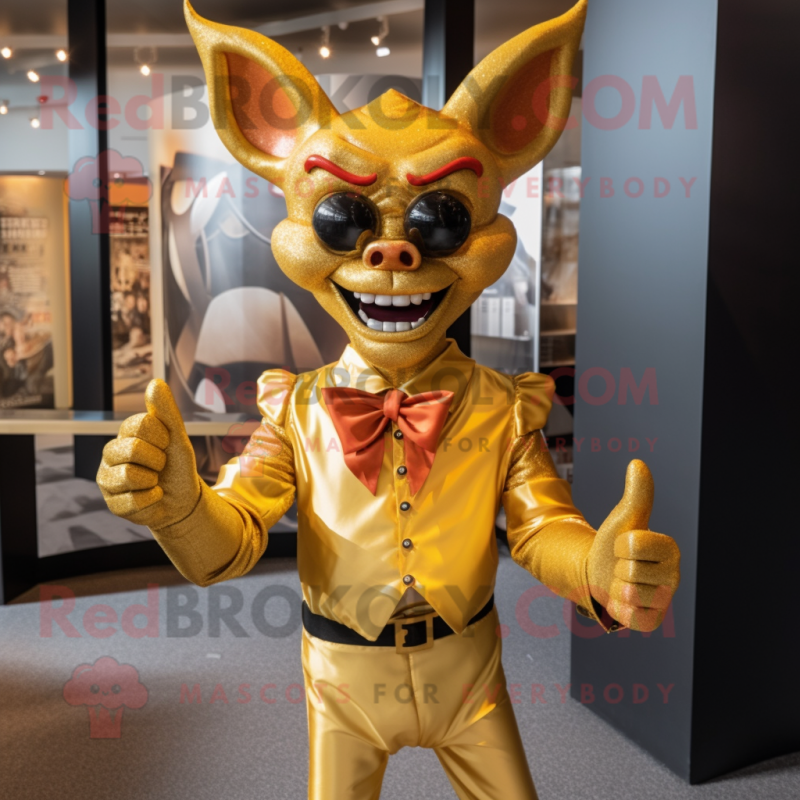 Gold Devil mascot costume character dressed with a Henley Shirt and Bow ties Gold Devil mascot costume character dressed with a Henley Shirt and Bow ties