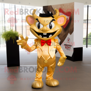 Gold Devil mascot costume character dressed with a Henley Shirt and Bow ties