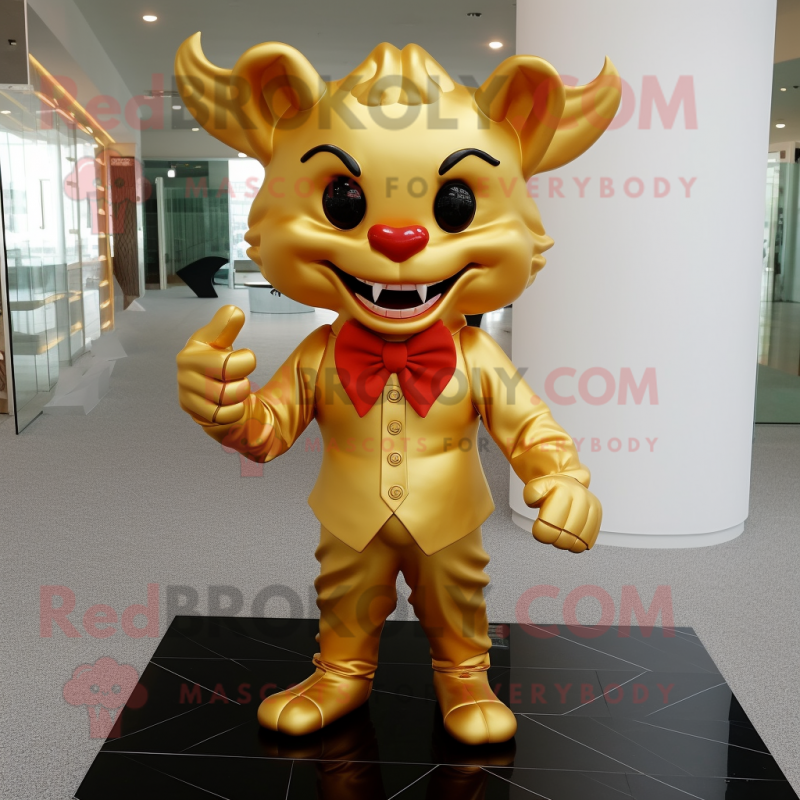 Gold Devil mascot costume character dressed with a Henley Shirt and Bow ties