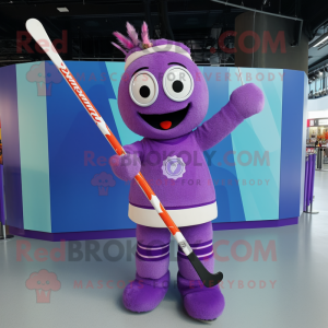 Purple Ice Hockey Stick mascot costume character dressed with a Maxi Dress and Bracelets