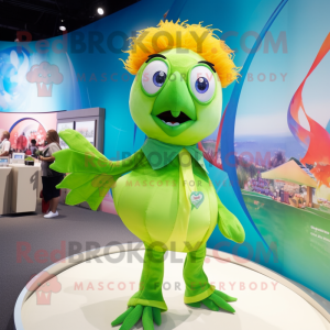 Lime Green Betta Fish mascot costume character dressed with a Culottes and Suspenders